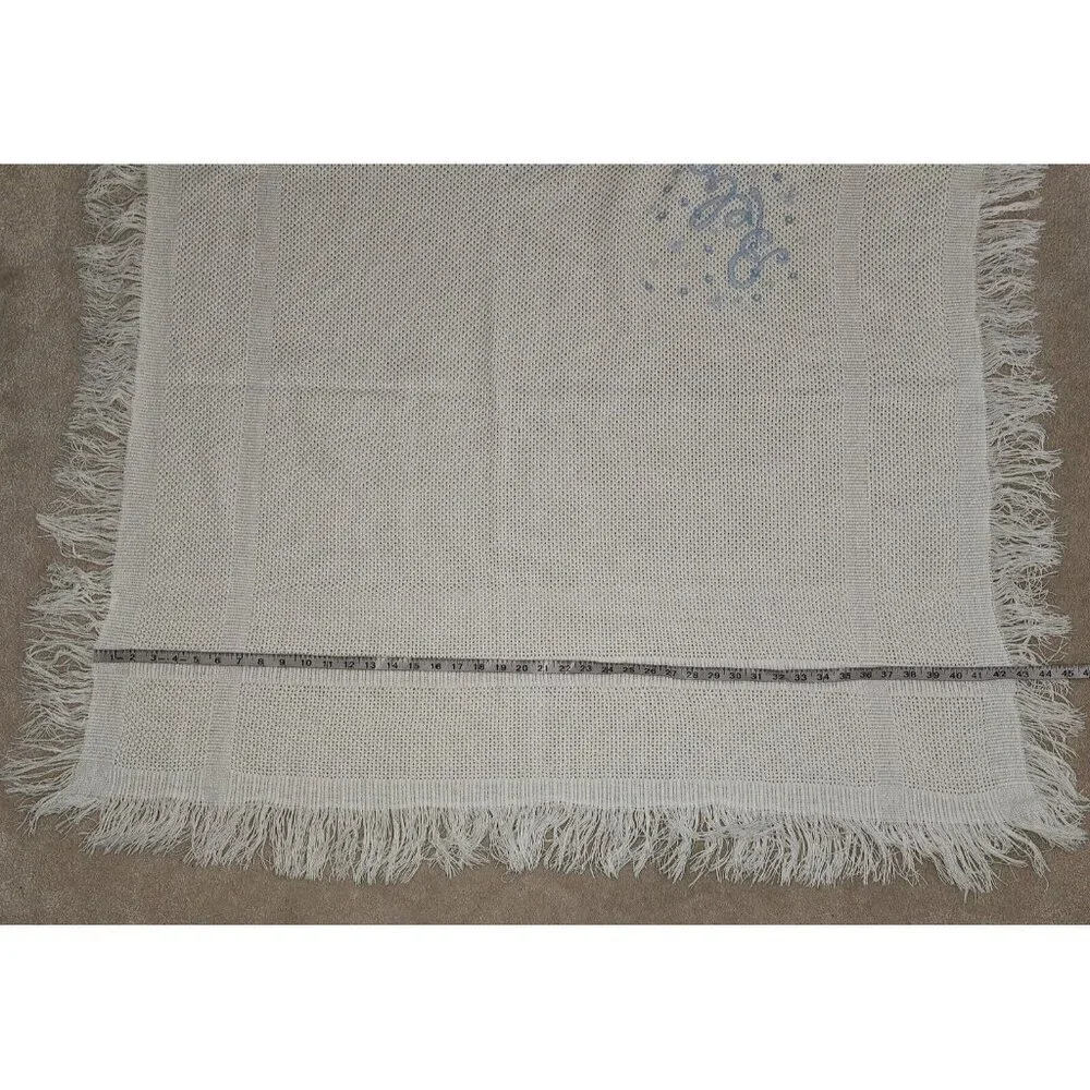 VTG First Impressions White Knit Baby Blanket Acrylic Spain Blue Bebe Stitching